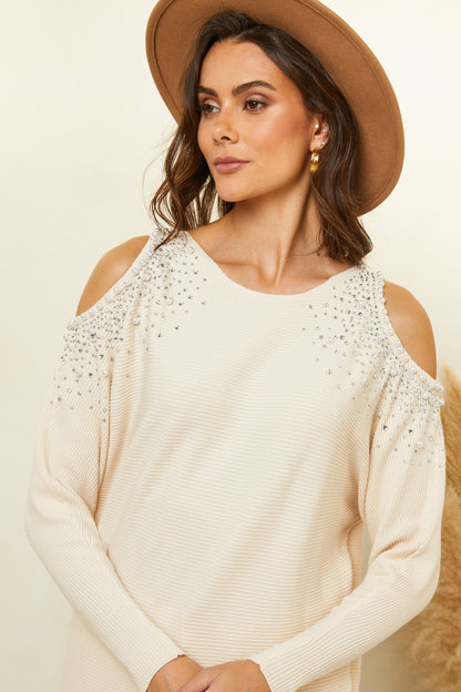 Pull col rond avec détails strass et perles