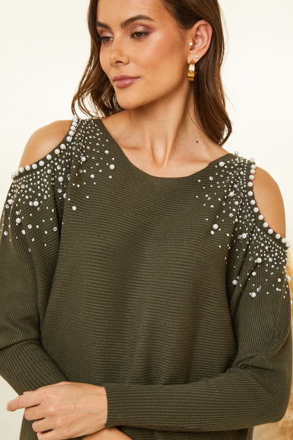 Pull col rond avec détails strass et perles