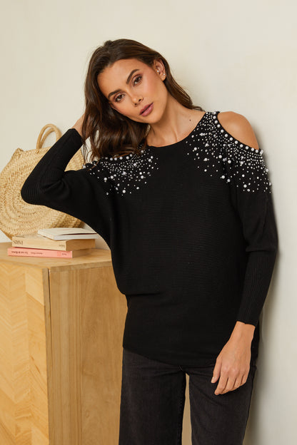 Pull col rond avec détails strass et perles