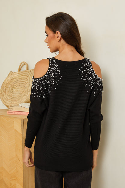 Pull col rond avec détails strass et perles