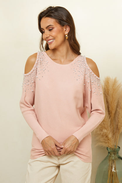 Pull col rond avec détails strass et perles