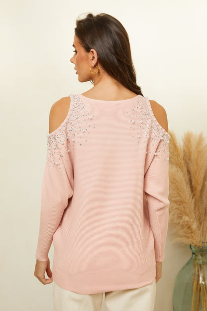 Pull col rond avec détails strass et perles