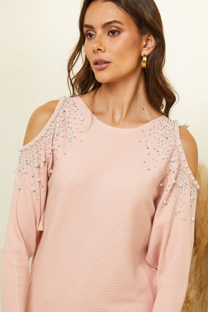 Pull col rond avec détails strass et perles